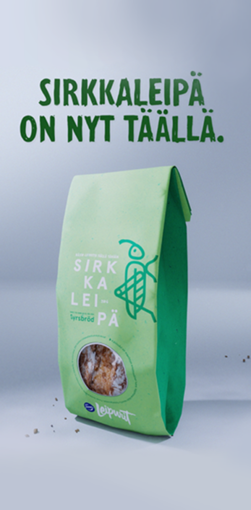 Fazerin vihreä Sirkkaleipäpussi harmaalla taustalla. Pussin yläpuolella teksti "Sirkkaleipä on nyt täällä."