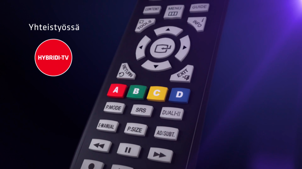 Hybridi TV:n kaukosäätimestä lähikuvaa sen keskustasta ei napeista. Kuvitus.