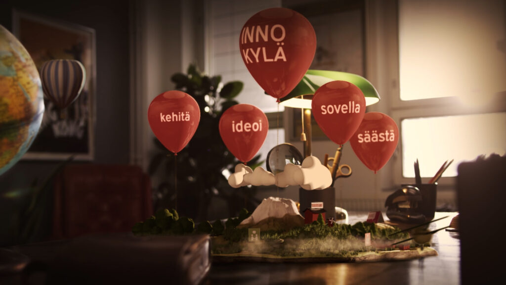 Innokylä josta leijailee punaisia ilmapalloja teksteillä kehittämisen eri vaiheisiin. Kuvitus.
