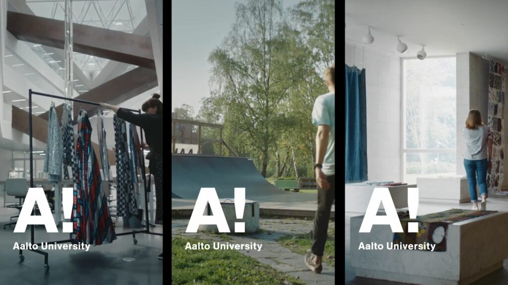 Kolmen kuvan sarja, joissa näkyvissä ihminen ja erilainen maisema. Alakulmassa Aalto Yliopiston logo.