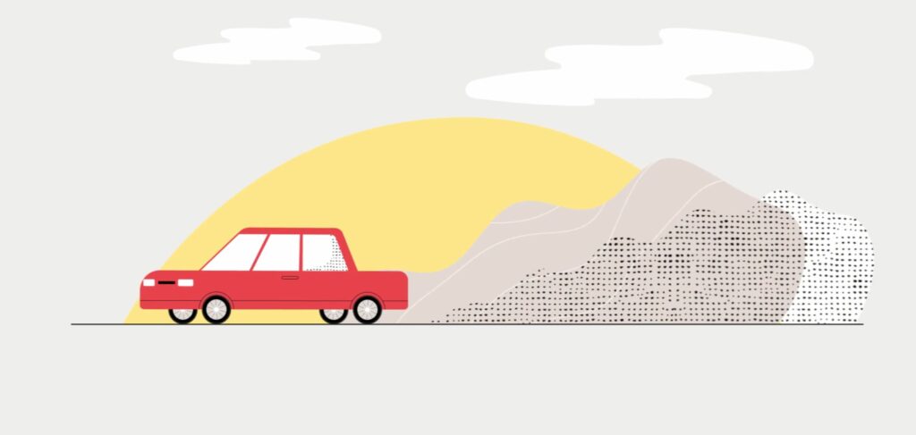 Auto ajaa auringonlaskun edessä nostattaen pölypilviä. Kuvitus