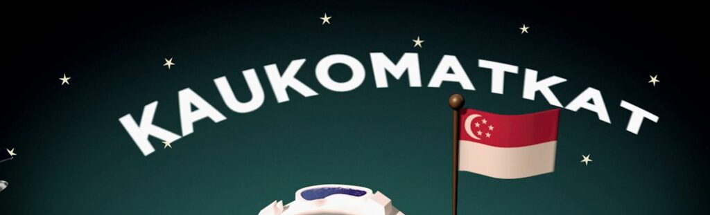 Tähtitaivas, jossa näkyy Singaporen lippu ja lukee kaukomatkat. Kuvitus.