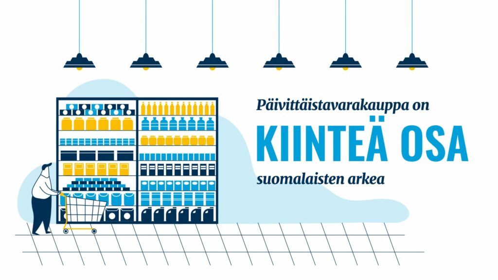 Kaksi kauppahyllyä täynnä tuotteita. Asiakas ostoskärryn kanssa kulkee hyllyn edestä. Kuvitus.