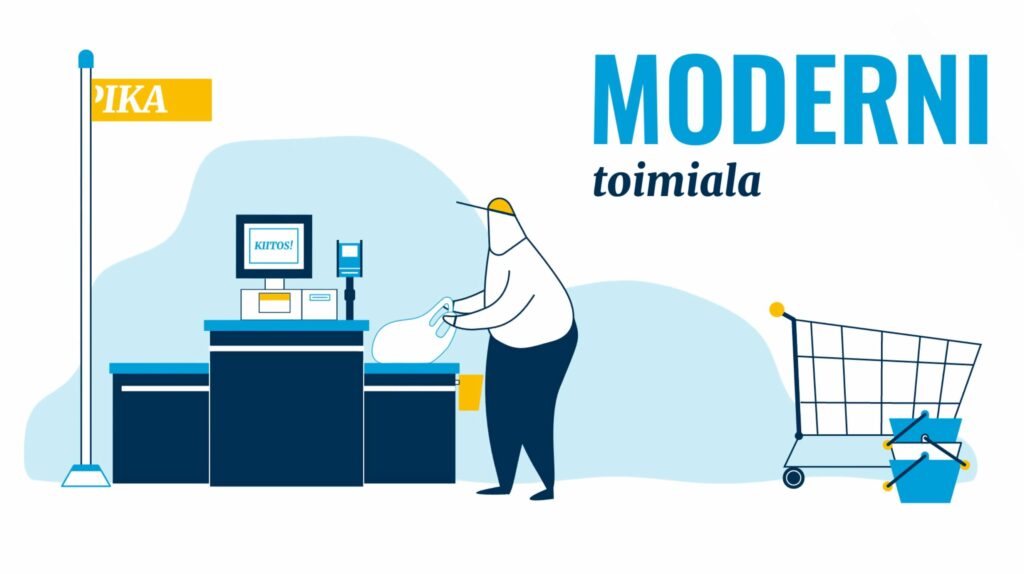 Asiakas asioimassa päivittäistavarakaupan pikakassalla. Nostaa kauppakassia tasolta, vieressä ostoskärryt. Kuvitus.