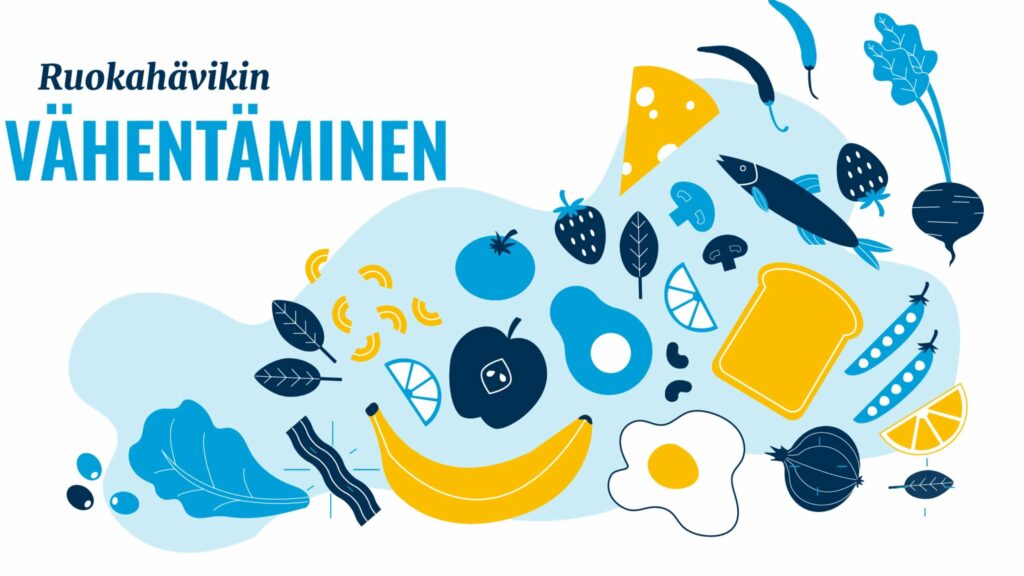 Kokoelma elintarvikkeita pelkistetyllä kuvitustyylillä. Kuvassa teskti "Ruokahävikin vähentäminen". Kuvitus.