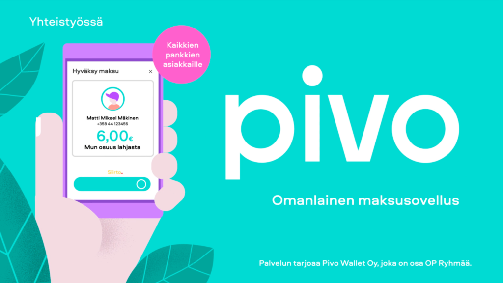 Pivo mainosbanneri, jossa käsi pitelee puhelinta Pivo-maksusovelluksella. Taustalla suuria lehtiä. Kuvitus.