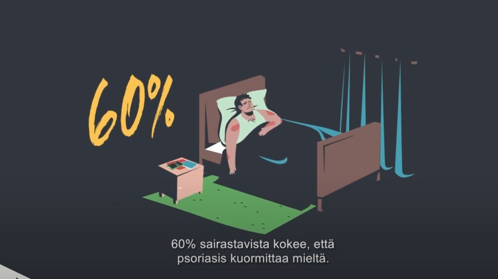 Mies jolla on psoriasis on makaamassa sängyssään pimeässä huoneessa. Kuvitus.