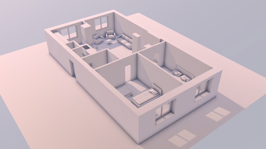 Yksivärinen 3D-mallinnettu näkymä rakennuksesta ilman kattoa.